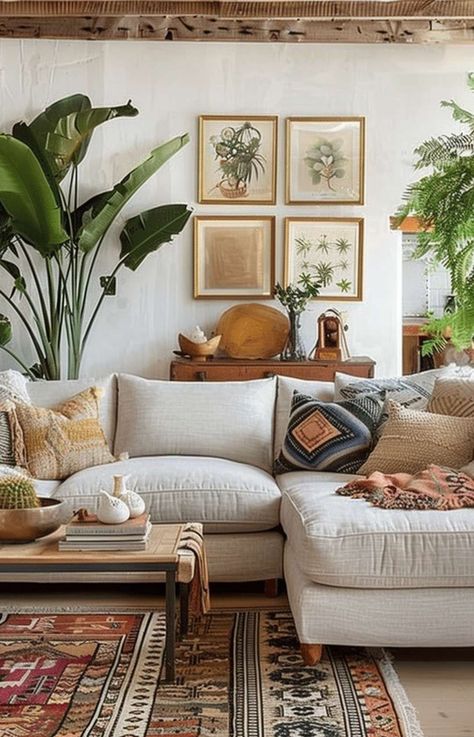 Boho Living Room Kitchen, Boho Living Room With Grey Floors, Coastal Tropical Living Room, Boho White Couch, Boho Living Room White Couch, White Couch Boho Living Room, Interior Design Living Room Boho, Beach Boho Living Room, Coastal Boho Interior