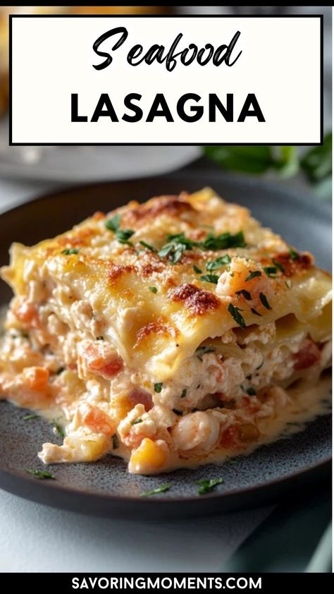 Treat yourself to the ultimate seafood lasagna with lobster and shrimp! This decadent, restaurant-style dish features tender seafood layers and a creamy, flavorful sauce that will make any dinner special.  #UltimateSeafoodLasagna #LobsterLasagna #ShrimpLasagna #SeafoodLovers #GourmetLasagna #SeafoodDinner #PastaBake #RestaurantStyleRecipe #DinnerIdeas Dinner Recipes With Seafood, Chicken Dinner Ideas For Diabetics, Parisian Dinner Recipe, Lazy Seafood Pan, Seafood Dish For Christmas, Seafood Alfredo Lasagna, Seafood Supper Ideas, Creamy Dinner Ideas, Pescatarian Family Meals