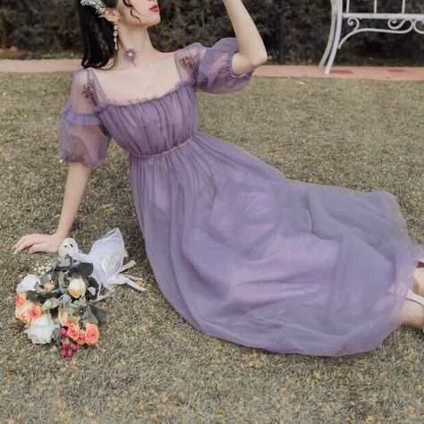 Purple Dress Aesthetic, Dark Purple Dresses, Purple Long Dress, Mesh Party Dress, Spring Fairy, Mori Girl Fashion, Short Sleeve Summer Dresses, Flynn Rider, Purple Prom Dress