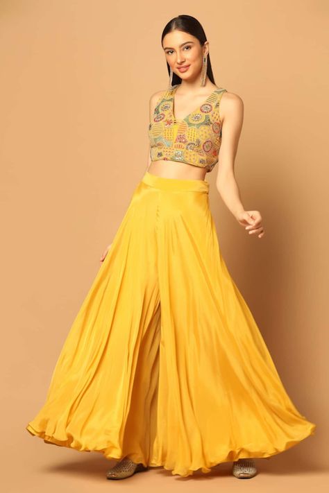 Buy Yellow Crepe Embroidery Dori V Neck Sequin And Blouse Palazzo Set For Women by Two Sisters By Gyans Online at Aza Fashions. Haldi Ceremony Outfit For Sister, Haldi Outfits For Sister, Embroidered Choker, Haldi Outfit For Bride, Choker Dupatta, Designer Lehnga Choli, Crop Top Suit, Haldi Ceremony Outfit, Haldi Dress