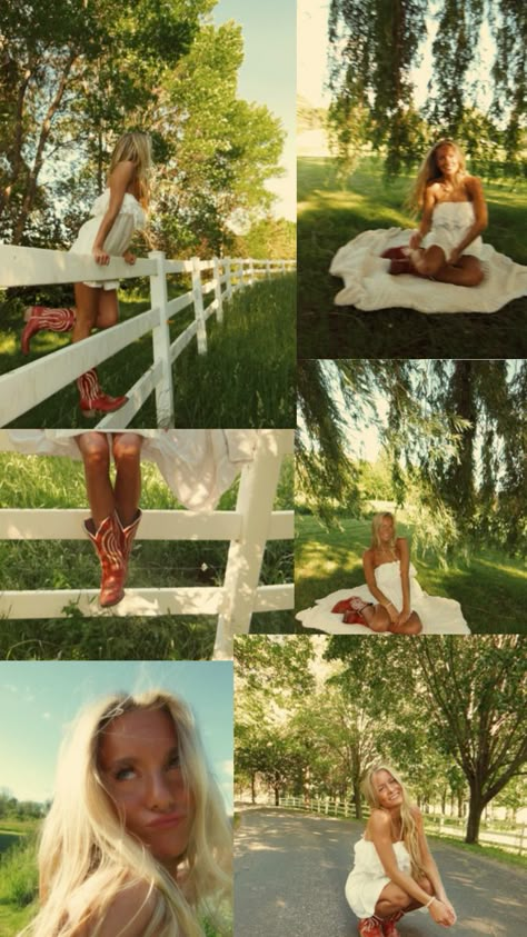 White dress, red boots, field, white fence Senior Pic Inspo, Field Photoshoot, Senior Photography Poses, White Fence, Senior Photo Outfits, Senior Photo Ideas, Senior Pic Ideas, Senior Photoshoot, Photos Inspo