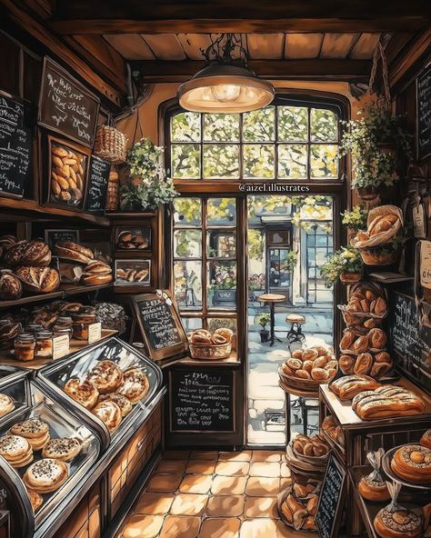 1950s Bakery, Cottage Core Bakery, Bakery Drawing, Fresh Croissants, Bakery Design Ideas, Organic Coffee Shop, French Pastry Shop, Parisian Bakery, Cozy Bakery