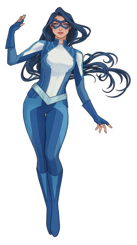 Villain And Hero Costumes, Female Superhero Ocs, Suit Superhero Design, Superhero Art Female, Superhero Women Drawing, Superhero Ideas Drawing, Female Superhero Concept, Blue Female Superhero Suit, Marvel Suits Design Female Blue