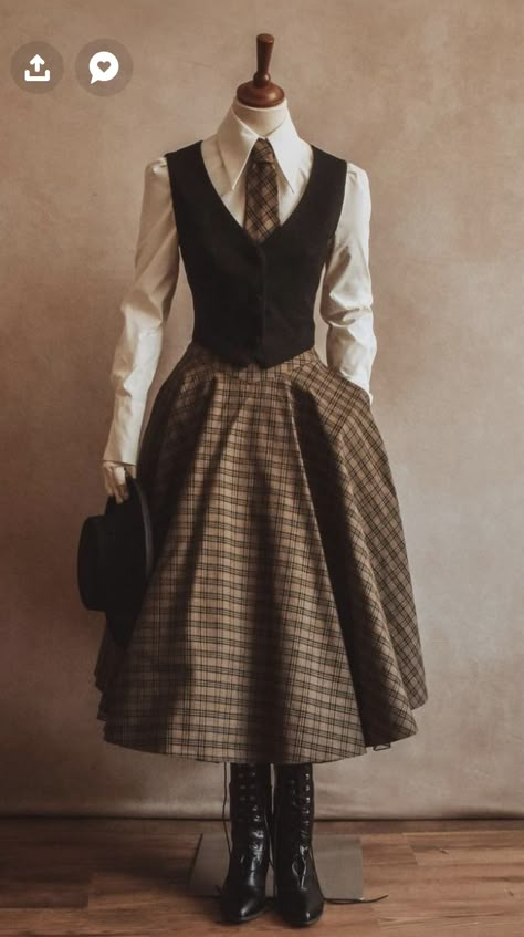 Dark Academia Fancy Dress, 1950s Dark Academia, Victorian Detective Outfit, Victorian Academia Outfits, Art Clothing References, Ww2 Fashion Women, Waistcoat With Skirt Outfit, Dark Academia Fantasy Outfit, Colourful Academia Outfit