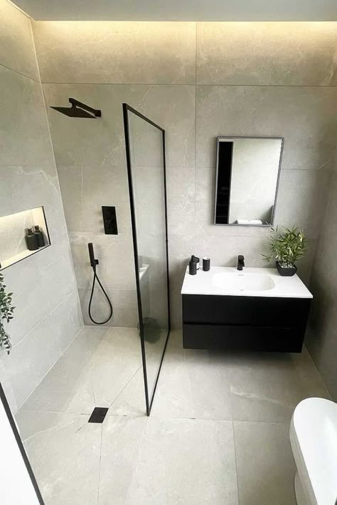 small bathroom interior walk in shower ideas matt black fixtures modern bathroom design Small Shower Room, Ensuite Ideas, Ensuite Shower Room, Small Bathroom With Shower, Small Bathroom Layout, Small Shower, Small Bathroom Interior, Bad Inspiration, Bathroom Redesign