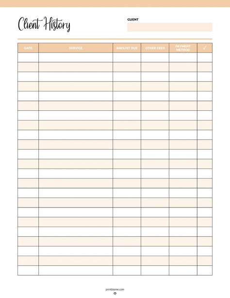 Client payment history tracker with columns for date, service, amount due, other fees, payment method, and a checkbox for payment confirmation. Payment Schedule Template, Client Payment Tracker, Client List Template, Raffle Ideas For Small Business, Client Record Form, Weekly Expense Tracker, Business Spreadsheets, 2023 Pixie, Small Business Printables