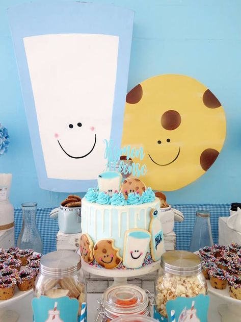 Chocolate Milk Birthday Party, Cookies And Milk Themed Birthday Party, Milk And Cookies Theme Party, Milk And Cookies Birthday Cake, Milk And Cookies First Birthday Cake, Milk And Cookies Cake Smash, Cookie And Milk Birthday Party, Milk And Cookies Baby Shower Theme, Milk Party Ideas