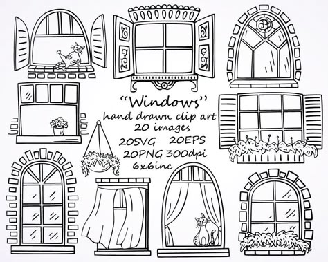 Window Clipart, Home Clipart, Windows Frame, Doodle Clipart, House Drawing, Drawing Set, Photo Overlays, Digital Scrapbooking Kits, Doodle Drawings