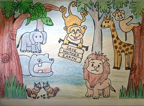 Wildlife Conservation Drawing, Save Wildlife Poster Painting, Save Wildlife Poster Ideas, Drawing Competition Topics, Save Animals Poster, Posture Drawing, Basic Drawings, Jungle Drawing, Outline Pictures