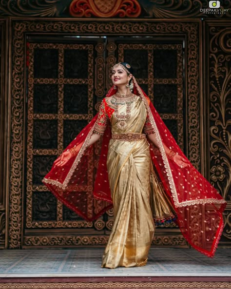 Bride In Kanjivaram Saree, Bridal Saree Telugu, Brides In Kanjivaram Saree, Golden Bridal Saree Indian Weddings, Bridal Saree Look For Wedding South Indian, Telugu Bride Poses, Latest South Indian Bride Look, Bridal Muhurtham Sarees, South Indian Bride Outfits