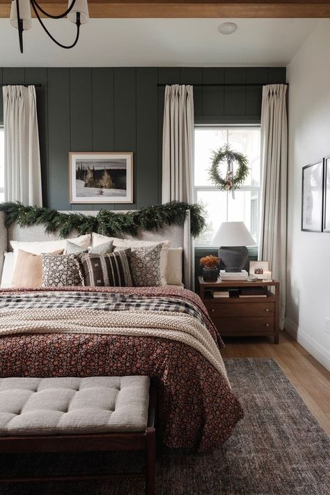 Unique Bedroom Furniture, Masculine Bedroom Decor, Elegant Bedroom Design, Black Bedroom Design, Guest Bedroom Design, Masculine Bedroom, Christmas Decorations Bedroom, Christmas Bedroom, Farmhouse Bedroom Decor