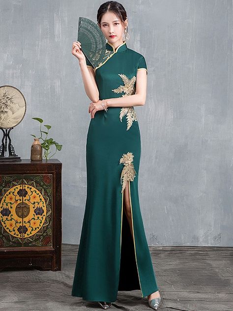 Olive Green Beaded Split Front Long Qipao / Cheongsam Dress - CozyLadyWear Shanghai Dress, Long Qipao, Style For Wedding, Mandarin Dress, Chinese Fancy Dress, Cheongsam Modern, Chinese Cheongsam, Chinese Style Dress, Gowns Dresses Elegant