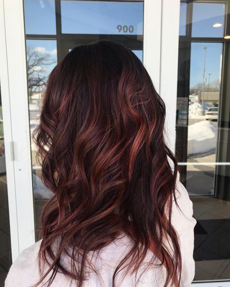 Dark Root With Red Balayage, Dark Root With Red Hair, Dark Brown Hair With Natural Red Highlights, Dark Brown And Auburn Balayage, Red Violet Balayage Brunette, Dark Red Hair With Dark Roots, Brunette With Red Tint, Dark Roots With Red Balayage, Dimensional Dark Red Hair