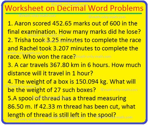 Worksheet on Decimal Word Problems 7th Grade Math Problems, Multiplying And Dividing Decimals, Decimals Addition, Decimal Word Problems, Class 6 Maths, Multiplying Decimals, Math Decimals, Dividing Decimals, Multiplication Word Problems