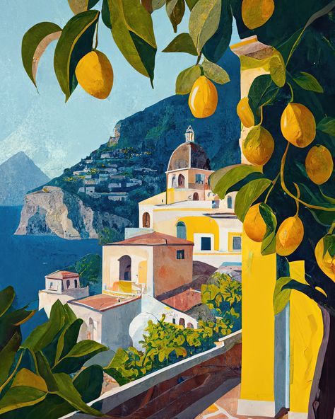 Italy Painting, Positano Italy, Soyut Sanat Tabloları, Italy Art, Small Canvas Art, Lemon Tree, Art Inspiration Painting, Mediterranean Sea, Painting Art Projects