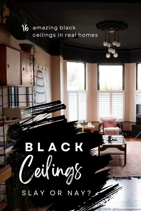 Black Ceilings slay or nay. 16 amazing black ceilings in real homes. Background photo of a Victorian living room with high black ceiling and light pink walls and a large bay window. Dark Walls Dark Ceiling, Black Ceiling Paint Colors, Black Ceiling Tan Walls, Black Ceiling With White Walls, Black Ceiling Dining Room Ideas, Dark High Ceiling Living Rooms, Living Room Dark Ceiling, Black Ceiling Office Interiors, Ceiling Same As Wall Color