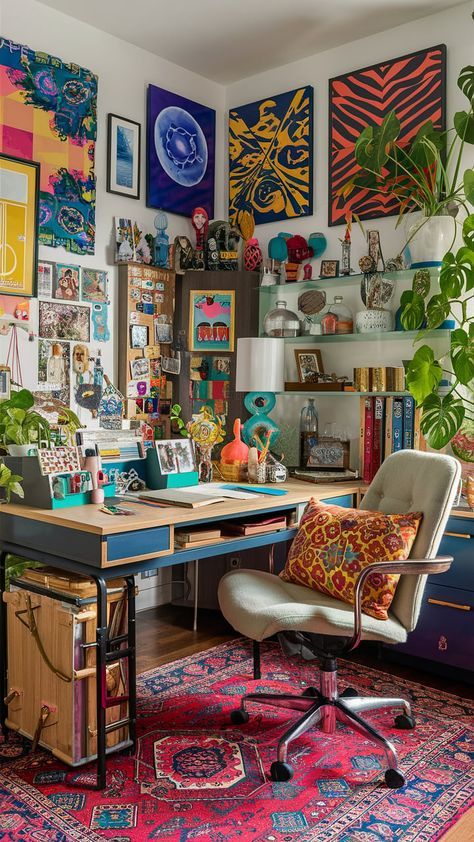 Eclectic Maximalism Desk, Creative Work Space Office, Quirky Office Decor, Maximalism Office, Home Office Eclectic, Quirky Home Office, Vintage Office Aesthetic, Eclectic Desk, Eclectic Office Decor