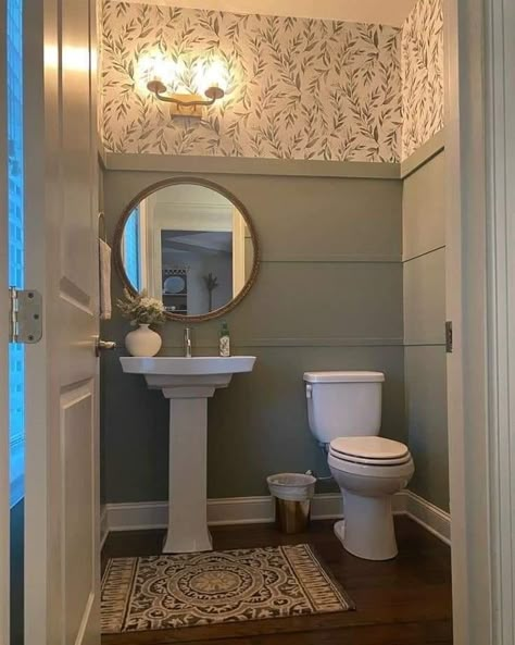 Manor House Decor, Stunning Half Bathrooms, Half Bathroom Ideas Dark Floor, Half Bath Feature Wall, Powder Room Batten Board, Laundry In Half Bath, Dark Moody Powder Room Wallpaper, Farmhouse Wainscoting Ideas Bathroom, Main Level Half Bathroom Ideas