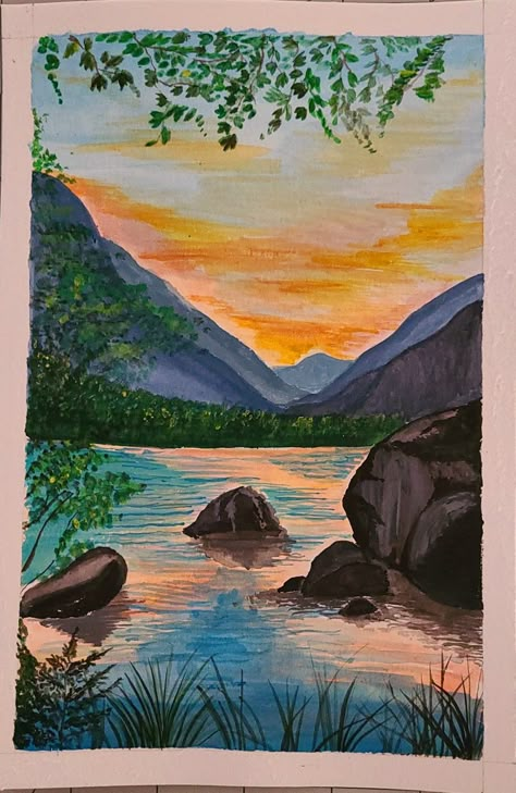 Nice Landscape Painting, Landscape Of Nature, Easy Ideas For Painting, Landscape Drawings Color, Painting View Nature, Canvas Painting Ideas Landscape Easy, Landscape Art Colored Pencil, Big Watercolor Painting Art Projects, Things To Paint Landscapes