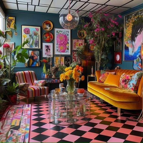 Hot Pink Maximalist Room, Maximalist Decor Basement, Yellow Maximalist Room, Colorful Maximalist Interior Design, Color Maximalist Decor, Colourful Maximalist Decor, Colourful Eclectic Interiors, Whimsical Maximalist Decor, Maxilism Design