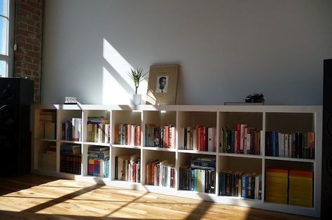 I would love to connect two Kallax shelving units as they did in the above photo. Does anyone have any thoughts on how it was done? Long Low Bookcase, Cube Ikea, Horizontal Bookcase, Ikea Toy Storage, Kallax Shelving Unit, Low Bookshelves, Wide Bookcase, Ikea Expedit, Kallax Shelf