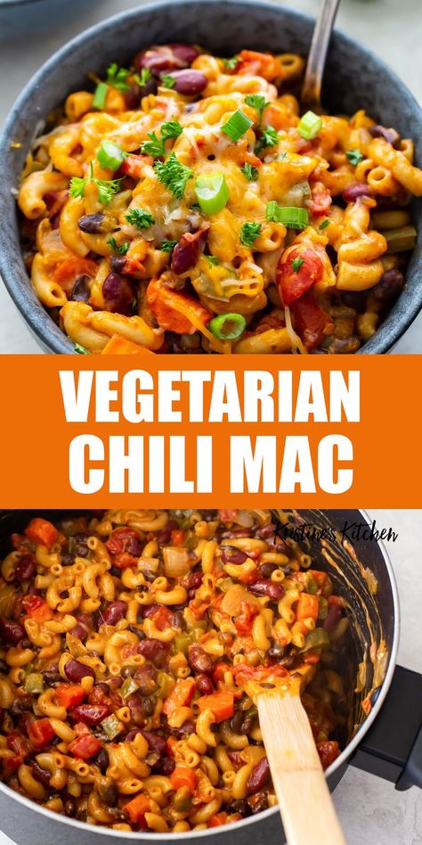 Veggie Chili Mac, One Pot Vegetarian Chili Mac, Vegaterian Chilli, Quick Veggie Dinners, Single Serve Vegetarian Meals, Vegetarian Chili Mac And Cheese, Dinner Ideas With No Meat, Dinner Idea No Meat, Vegetarian One Pot Recipes