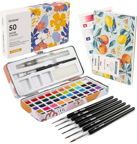 Amazon.com: Grabie Watercolor Paint Set 50 Colors in Portable Box with Water Color Pallet, Watercolor Papers and Brushes, Ideal for Adults, Artists and Hobbyists Watercolor Painting Supplies, Artist Wishlist, Grabie Watercolor, Art Supplies Aesthetic, Watercolor Pallet, Art Supplies Gift, Water Brush Pen, Tiny Room, Cute School Stationary