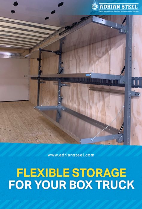 #AdrianSteel Box Truck Folding Shelving provides the flexibility to change your shelves depending on the cargo you are carrying. #BoxTruckShelving #FoldingShelving Box Truck Storage Ideas, Box Truck Shelving Ideas, Trailer Shelving Ideas Enclosed, Cargo Trailer Storage Ideas, Cargo Van Shelving Ideas, Cargo Trailer Shelving Ideas, Enclosed Trailer Shelving Ideas, Van Shelving Ideas, Enclosed Utility Trailers