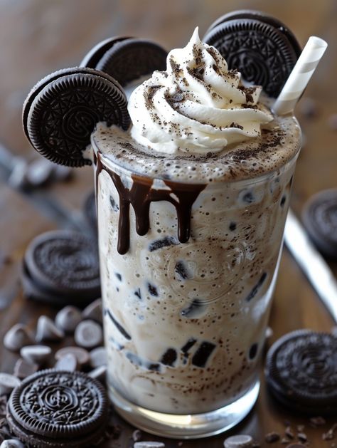 Cookies & Cream Frappuccino  🍫    𝗜𝗻𝗴𝗿𝗲𝗱𝗶𝗲𝗻𝘁𝘀: • 2 cups of ice cubes • 1 cup of milk • 2 tablespoons of sugar • 1/2 teaspoon of vanilla extract • 8 Oreo cookies • 2 tablespoons of chocolate syrup • Whipped cream (for topping) • Additional Oreo cookies (for garnish) 𝗗𝗶𝗿𝗲𝗰𝘁𝗶𝗼𝗻𝘀: 1. Put ice cubes, milk, sugar, vanilla extract, and Oreo cookies in a blender. 2. Blend everything until smooth and creamy. 3. Drizzle chocolate syrup inside a glass. Milk Tea Cookies And Cream, Oreos Recipes, Milkshake At Home, Milkshake Oreo, Milkshake Ideas, Carb Breakfast Ideas, Oreo Milk, Oreo Shake, Oreo Milkshake