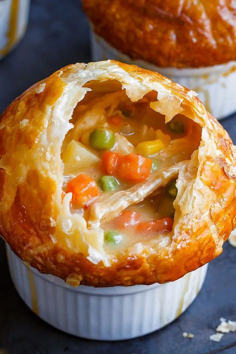 Creamy Chicken Pot Pie - Rich, flavorful with a golden brown crispy crust, these individual chicken pot pies are seriously comforting. - #recipe by #eatwell101® Comforting Recipes, Ramekin Recipe, Individual Chicken Pot Pies, Creamy Chicken Pot Pie, Best Chicken Pot Pie, Homemade Chicken Pot Pie, Chicken Pot Pie Recipe, Pot Pie Recipe, Easy Chicken Pot Pie