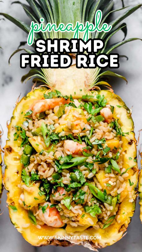 I love this Malaysian-inspired Pineapple Shrimp Fried Rice, it has a delicious flavor combination of savory, sweet and spicy. Serve it in hollowed out pineapples for a beautiful presentation! #dinnerideas #friedrice #shrimp #recipes #healthyrecipes Skinnytaste Dinner, Pineapple Shrimp Fried Rice, Spring Dinner Ideas, Frozen Shrimp Recipes, Vegetarian Fried Rice, Low Gi Recipes, Gi Recipes, Shrimp Fried Rice Recipe, Pineapple Shrimp