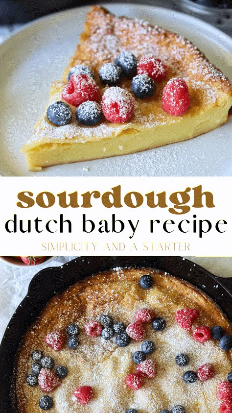 This large, puffy pancake looks complicated, but really it only takes 5 minutes to put together! Made with simple ingredients, including sourdough discard, this Sourdough Dutch Baby is perfect for breakfast, brunch, lunch and dessert any time of year. Sourdough Dutch Baby Pancake, Sourdough German Pancake, Sourdough Discard Dutch Baby, Sourdough Dutch Baby, Fermented Grains, Puffy Pancake, German Pancake Recipe, Sourdough Discard Pancakes, Sourdough Desserts