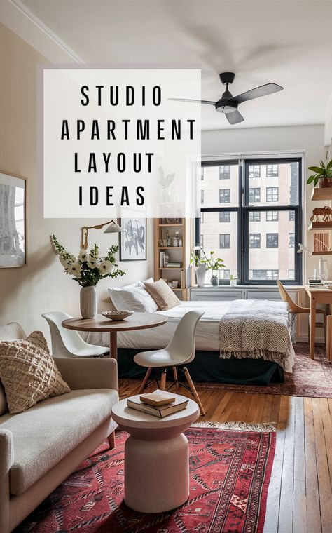 Studio Apartments Layout Ideas, 1 Room Studio Apartment Ideas, Studio Apartment Seating Ideas, Studio House Layout, Small Studio Apartment Layout Ideas, Small Living Room Ideas Apartment Layout, Nyc Studio Apartment Layout, Studio Appartement Layout, Minimalist Condo Small Spaces