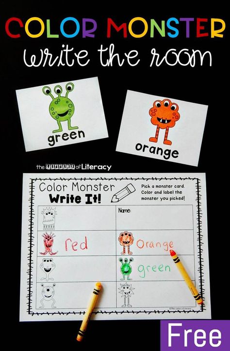 This fun color monster write the room activity makes learning color words even more exciting! Grab the free printable and you have a new writing center! Color Centers For Kindergarten, Color Unit Kindergarten, Read It Write It Build It Free, Preschool Writing Center Ideas, Teaching Color Words, Color Words Kindergarten, Writing Activities For Kindergarten, Kindergarten Writing Center, The Color Monster