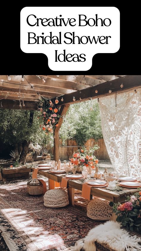 Boho bridal shower setup with rustic decorations, floral accents, and a relaxed atmosphere perfect for a free-spirited celebration. Bridal Shower Boho Theme, Boho Wedding Shower Ideas, Whimsical Bridal Shower Ideas, Bohemian Bridal Shower Ideas, Boho Bridal Shower Ideas, Marriage Manifestation, Bohemian Bridal Shower Decorations, Bridal Shower Boho, Boho Bachelorette Party