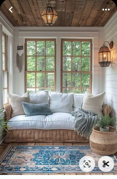 Earth Anthem Sunroom Small House, Sunroom Furniture Ideas Farmhouse, Farmhouse Window Seat Ideas, Sunroom Seating Ideas, Enclosed Patio Ideas Sunroom, Small Sunroom Ideas, Small Sunroom, Airy Home, 4 Season Room