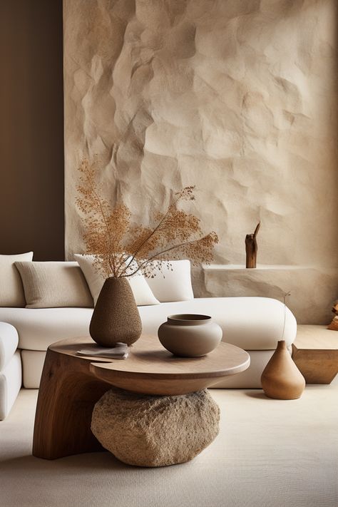 Infuse your space with #Japandi-inspired serenity using a stone-inspired side table, earthy tones, and emotive lighting. A captivating blend of southern countryside charm and boho chic style awaits. #JapandiDesign #BohoChicLiving #SculptedSerenity #HomeDecor #InteriorInspo #TranquilSpaces #EarthTonesDecor Stone Inspired Interior, Texture In Interior Design Spaces, Japandi Stone Wall, Side Wall Table Decor Living Room, Wabi Sabi Table Decor, Earthy Tone Interior Design, Earthy Style Living Room, Earthy Design Interiors, Earthy Tones Decor