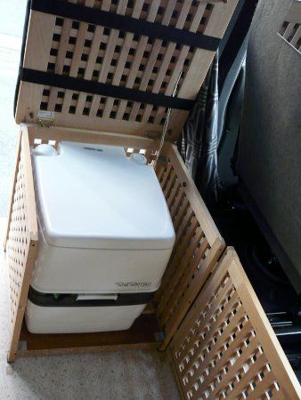 Toilet box open - ready for action! Camper Toilet Ideas, Ikea Hol, Toilet Camping, Camping Gear Checklist, Auto Camping, Camper Awnings, Camping Van, Camping Toilet, Build A Camper Van