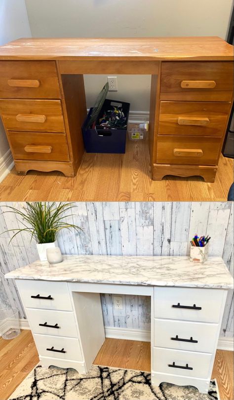 Desk Update Diy, Refinish Wooden Desk, Desk Revamp Diy, Desk Renovation Diy Paint, Desk Flipping Ideas, Desk Renovation Diy, Desk Before And After, Desk Flip Ideas, Office Desk Refinishing Ideas