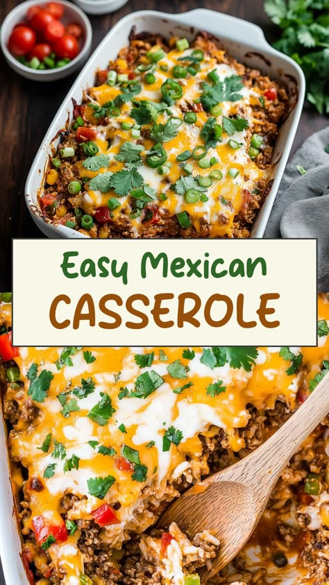 Indulge in the delicious flavors of a Mexican casserole that will satisfy your craving for a warm and comforting meal. This easy-to-make dish is packed with layers of savory ingredients like seasoned ground beef, melted cheese, corn tortillas, and zesty salsa. Perfect for busy weeknights or laid-back weekends, this Mexican casserole is sure to become a family favorite. Serve it with a dollop of sour cream and fresh cilantro for an extra burst of flavor. Simple Mexican Casserole, Mexican Fiesta Casserole, Best Mexican Casserole Recipes, Make Ahead Mexican Food, Mexican Pot Luck Dishes, Mexican Bake Casserole, Mexican Casserole With Beef Easy, Mexican Food Recipes Casseroles, Recipes With Corn Tortillas