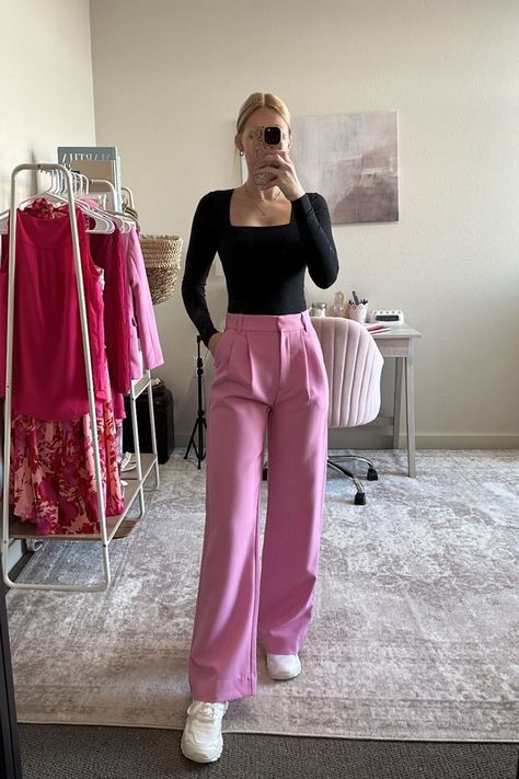 In need of a Valentine's Day date night outfit for dinner!? Here's a cute and casual date night look that we're loving! These pink trousers are my favorite! They fit true to size I'm in a 24 regular. I paired these Abercrombie pink pants with a black squareneck bodysuit and added some chunky white sneakers. I'll include some more date night outfits in my LTK, if you need more inspo! Pink Trousers Outfit Casual, Trousers Outfit Night Out, Outfit Ideas Summer Date, Date Night Outfit Winter Dinner, Trousers With Sneakers, Pink Trousers Outfit, Tailored Pants Outfit, Sloane Tailored Pant, Outfit For Dinner