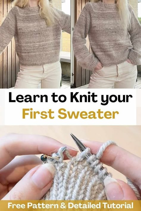 How To Knit A Sweater With Straight Needles, How To Knit A Sweater For Beginners Free Pattern, Knitting Simple Sweater, Simple Knit Jumper Pattern, Beginner Jumper Knitting Pattern, How To Knit A Sweater Step By Step, Knitted Sweater Beginner, Knit Simple Sweater, Knitted Sweater Pattern Beginner