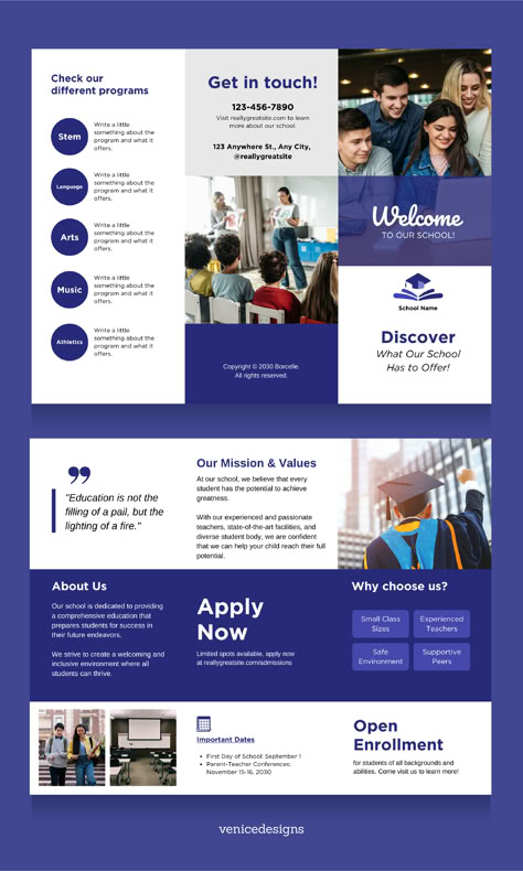 Blue and White School Brochure Brochure Design Education, Brochure Design For School, Brochure Education, School Brochure Design, Higher Education Design, University Brochures, College Brochure, Beauty Brochures, School Prospectus