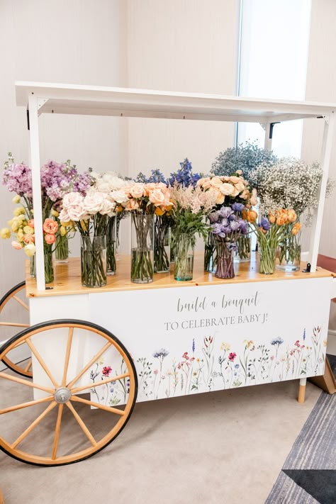 How adorable is this use of our Daphne Cart in White?! 💐 Perfect for baby showers, weddings, graduation parties, and so much more!⁠ Bloom Bar Cart, Flower Cart Business, Flower Market Birthday Party, Garden Party Wedding Decor, Baby Shower Cart, Flower Bar Wedding, Cart Business Ideas, Diy Flower Cart, Flower Bar Cart