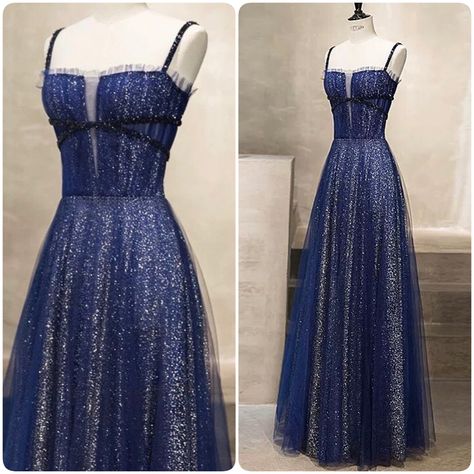 Navy Blue Celestial Dress, Long Navy Blue Dress Formal Sparkle, Starry Night Dance Theme Dress, Navy Blue Beaded Dress, Prom Dresses Starry Night Theme, Dark Blue And Silver Dress, Galaxy Bridesmaid Dress, Midnight Blue Prom Dress Corset, Dark Blue Star Dress