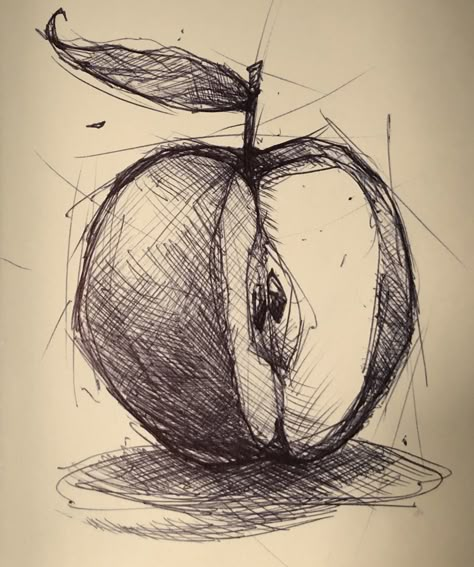 Stilllife Pencil Shading, Apple Shaded Drawing, Simple Hatching Drawing, Hatching Shading Pencil Drawings, Simple Scribble Art, Apple Ink Drawing, Rough Sketches Simple, Hatching And Cross Hatching Drawings, Apple Pen Drawing