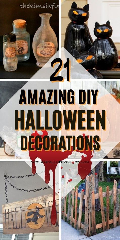 Looking for diy Halloween decorations that you can make yourself? Here you'll find all sorts of awesome, scary, creepy looking projects and decor. Easy and cheap indoor and outdoor DIY Halloween decor ideas. From ghosts and skull wreaths to pumpkins and potion bottles. Click for more information on how to make all these 21 amazing DIY Halloween decorations. Cheap Cute Halloween Decor, Creepy Easy Pumpkin Carving Ideas, Diy Halloween Outside Decor, Halloween Diy Indoor Decor, Cheap Outdoor Halloween Decor, Diy Potion Bottles Halloween, Funny Halloween Decor, Cheap Halloween Decorations Outdoor, Cheap Diy Halloween Decorations Outdoor