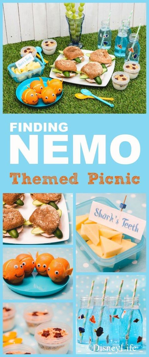 Finding Nemo themed picnic recipes with 6 fun food ideas for kids - perfect for beach or Nemo party food ideas too Nemo Birthday Food Ideas, Nemo Snack Ideas, Finding Nemo Dinner Ideas, Finding Nemo Snack Ideas, Finding Nemo Themed Dinner, Nemo Dinner And A Movie, Finding Dory Food Ideas, Finding Nemo Party Food Ideas, Finding Nemo Party Snacks