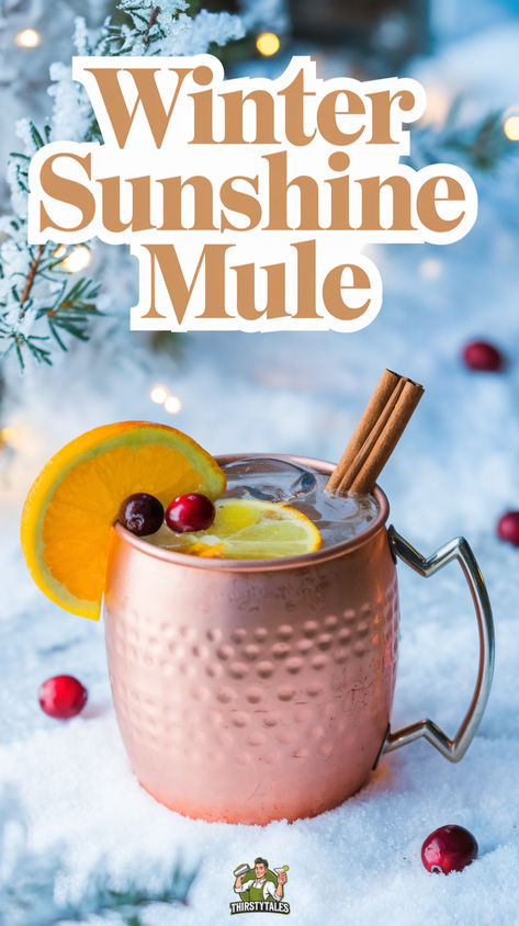 "Brighten your winter days with this delightful Winter Sunshine Mule  Cocktail recipe! This cozy drink combines zesty citrus flavors with  refreshing ginger beer for the perfect Winter Mule with Orange. Enjoy  the festive vibes of our Citrus Winter Mule Recipe featuring vodka and  a splash of sunshine. Ideal for holiday gatherings, this Ginger Beer  Winter Mule is a must-try. Sip on the Orange Ginger Mule Cocktail and  embrace the warmth of the season with this Festive Winter Mule Recipe!" Christmas Moscow Mule Recipe Holiday Cocktails, Moscow Mules For A Crowd, New Years Moscow Mule, Holiday Vodka Drinks Winter Cocktails, Flavored Mules Cocktail Recipes, Moscow Mule Recipe Best, Flavored Moscow Mule Recipe, Large Batch Cocktails Winter, Moscow Mule Mocktail Recipe