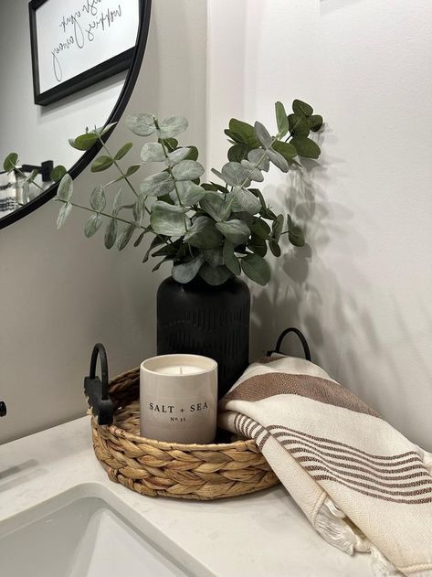 Diy Bathroom Decor Cheap Modern, Two Shelf Bathroom Decor, Black Accent Bathroom Decor, Half Bathroom Essentials, Bathroom With Black Decor, Bathroom Eucalyptus Decor, Apartment Bathroom Inspo Aesthetic, Black And Neutral Bathroom, Spa Like Bathroom Decor